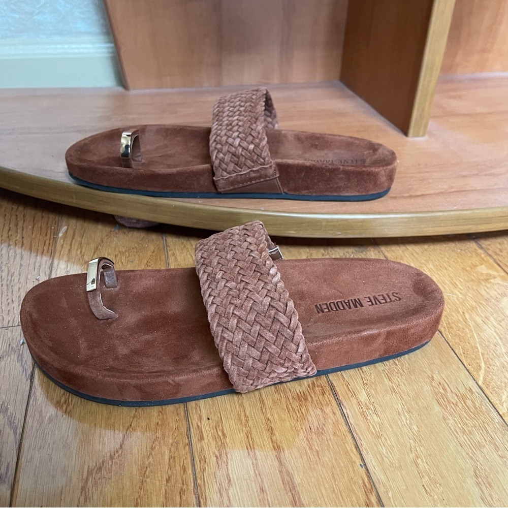 Steve Madden Somona Toe Loop Slide Sandals, Brown Woven Suede, Size 7, Womens - Picture 6 of 12